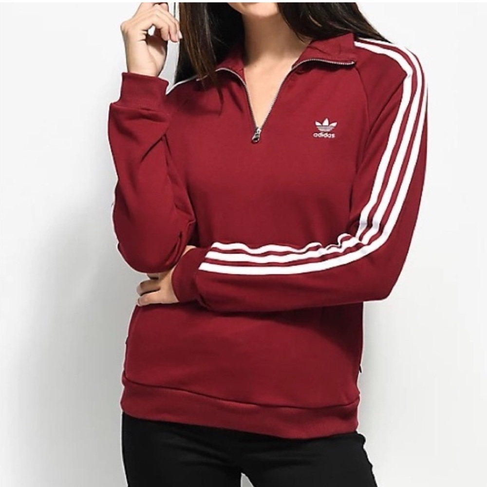 Adidas 3 Stripe Burgundy Quarter Zip Sweatshirt (m) - Picture 1 of 4